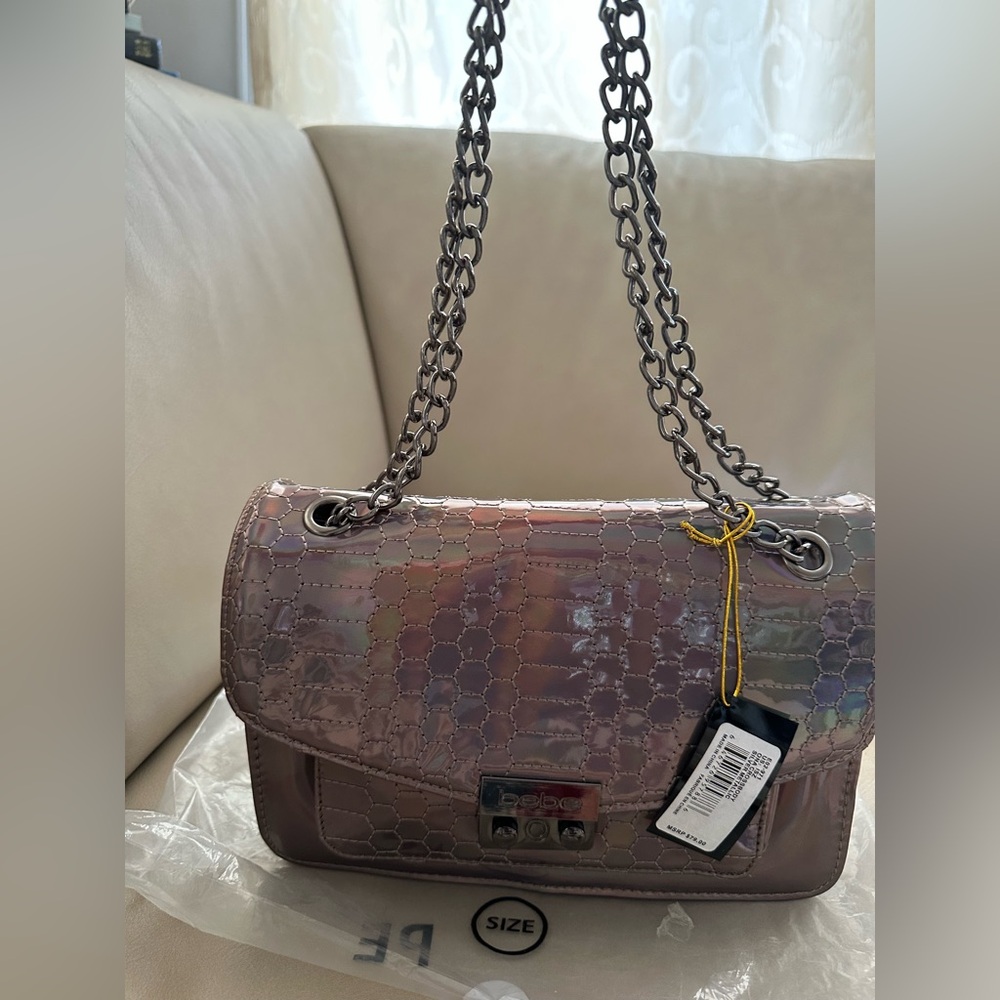 NWT BEBE Ona Crossbody Iridescent Holographic Silver Metallic Quilt Chain Purse - Picture 12 of 12